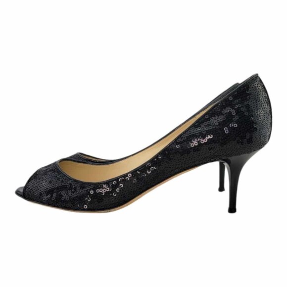 AUTHENTIC JIMMY CHOO Isabel Sequined Peep Toe Pump Sz 37 IT (US 7) - Black - Picture 4 of 10
